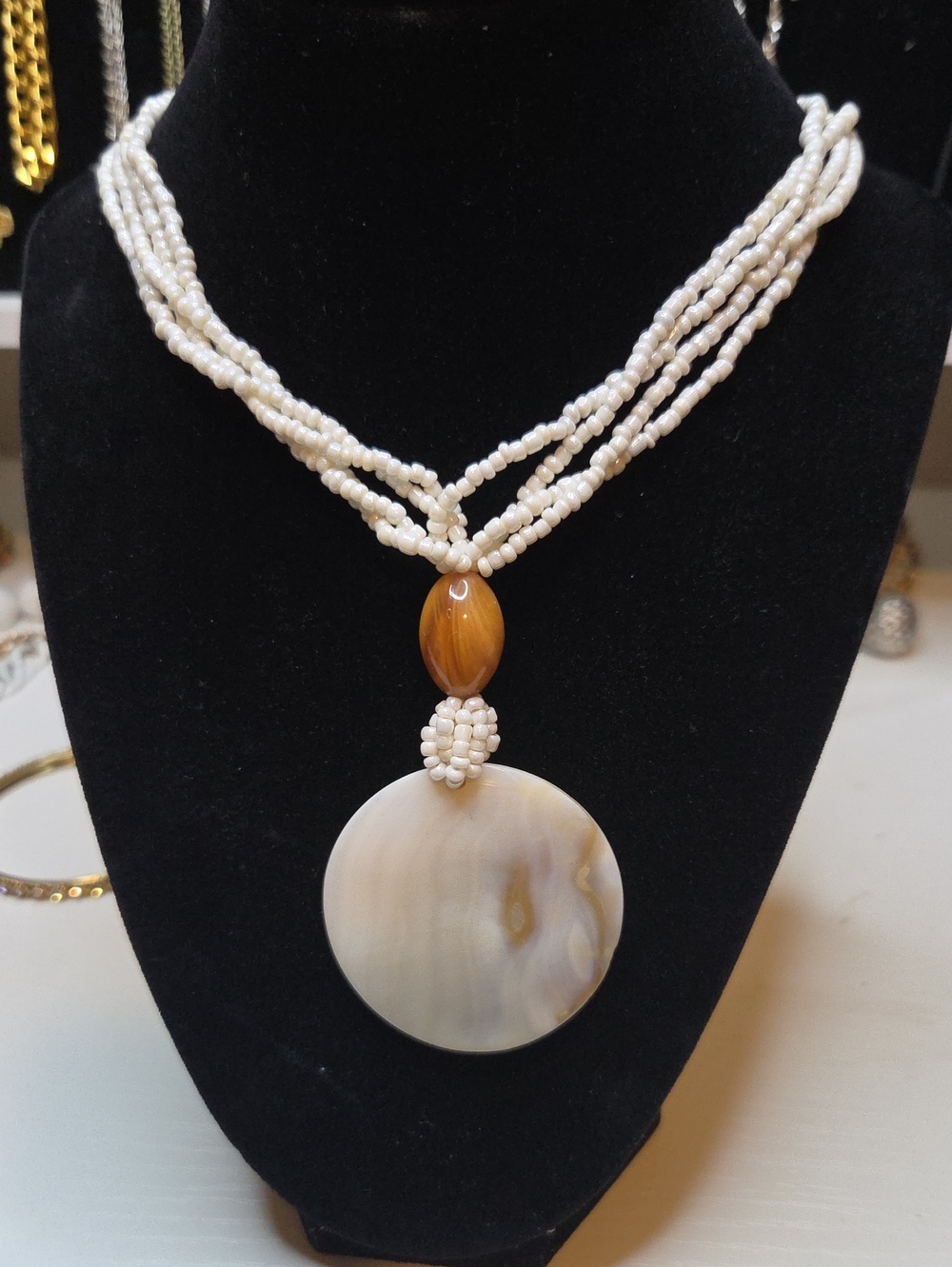 Cream Beaded Multi-Strand Necklace with Agate Pendant